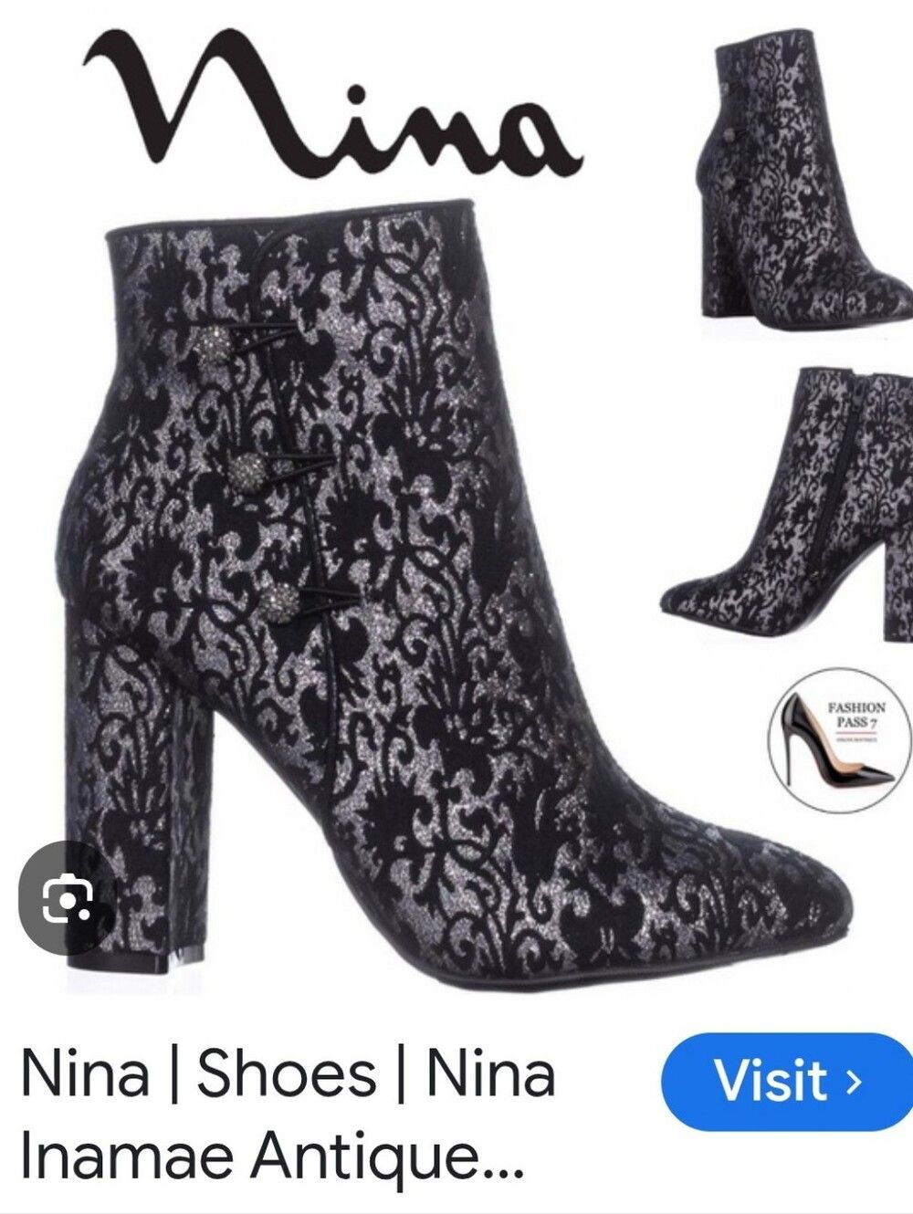 Nina Inamae Antique Black & Silver Ankle Boots  Women's Size 8M